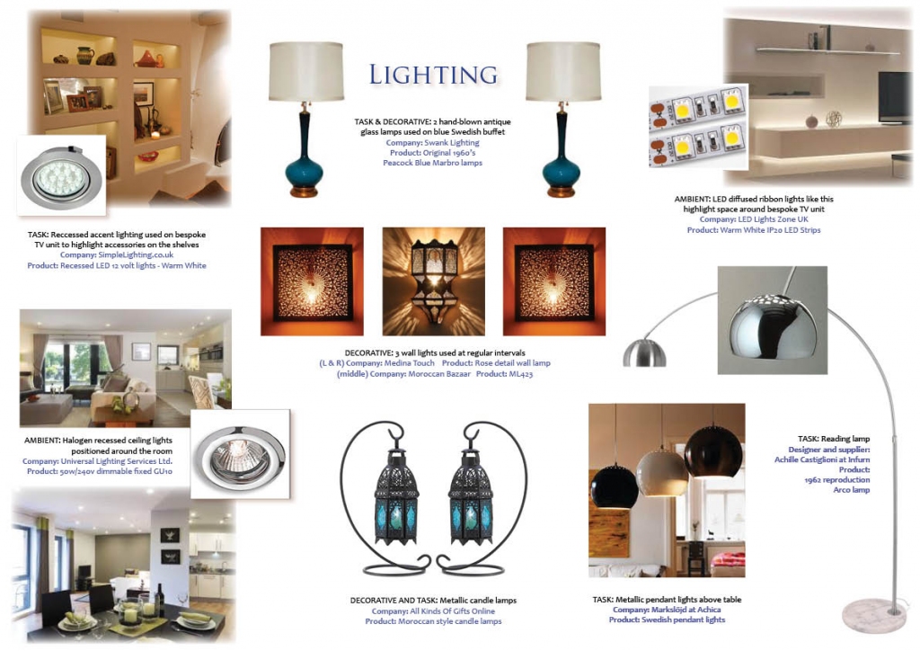 There are 3 common types of lighting: Ambient lighting - general lighting either natural or artificial. Task lighting - used for function or to highlight an object or area of a room. Decorative - more aesthetic but can also be functional. Consider using all 3 for flexibility at different times of the day.