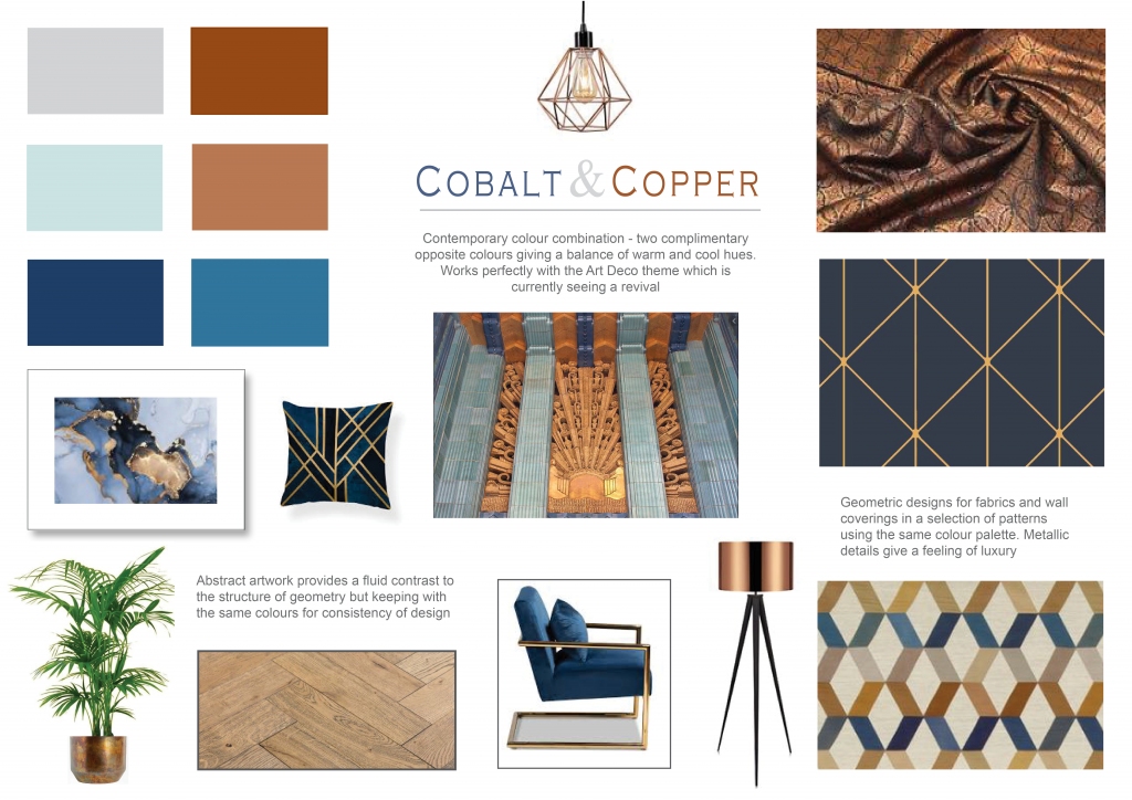 Contemporary colour combination - two complimentary opposite colours giving a balance of warm and cool hues. Works perfectly with the Art Deco style which is currently seeing a revival