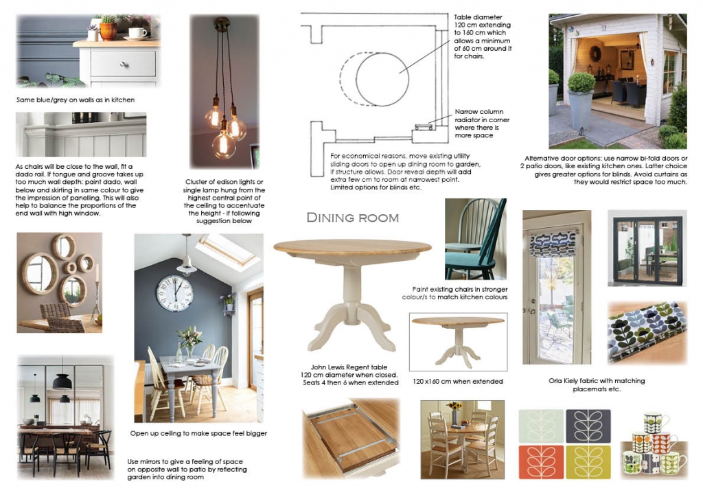 Room 3 of 3 - option 2. An informal dining room with access to the patio and garden were requested. As the room was small, I suggested raising the ceiling and using long flex lighting and plenty of feature mirrors to enhance the feeling of space.