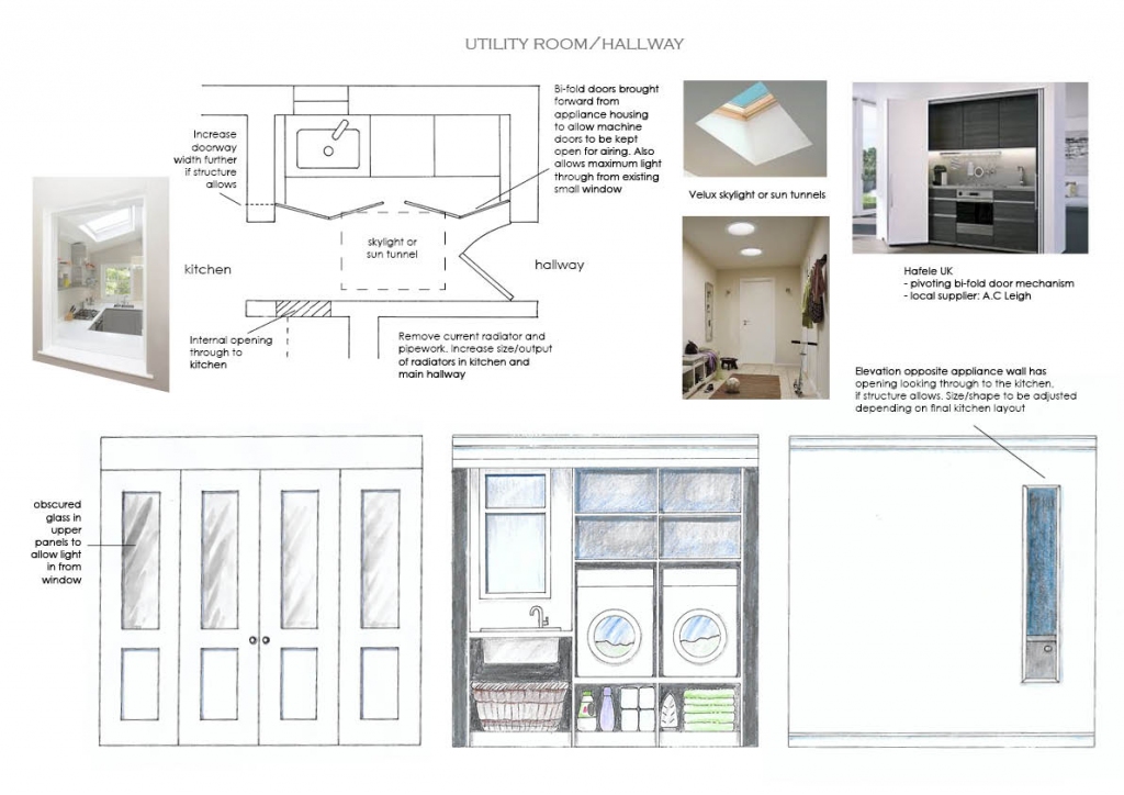 Room 1 of 3. Due to structural restrictions, this corridor to the kitchen and snug beyond, had several issues to overcome. Light was enhanced by inserting a skylight, aperture through to the kitchen and obscured glass to the bi-fold screen doors allowing natural light in from the window behind.